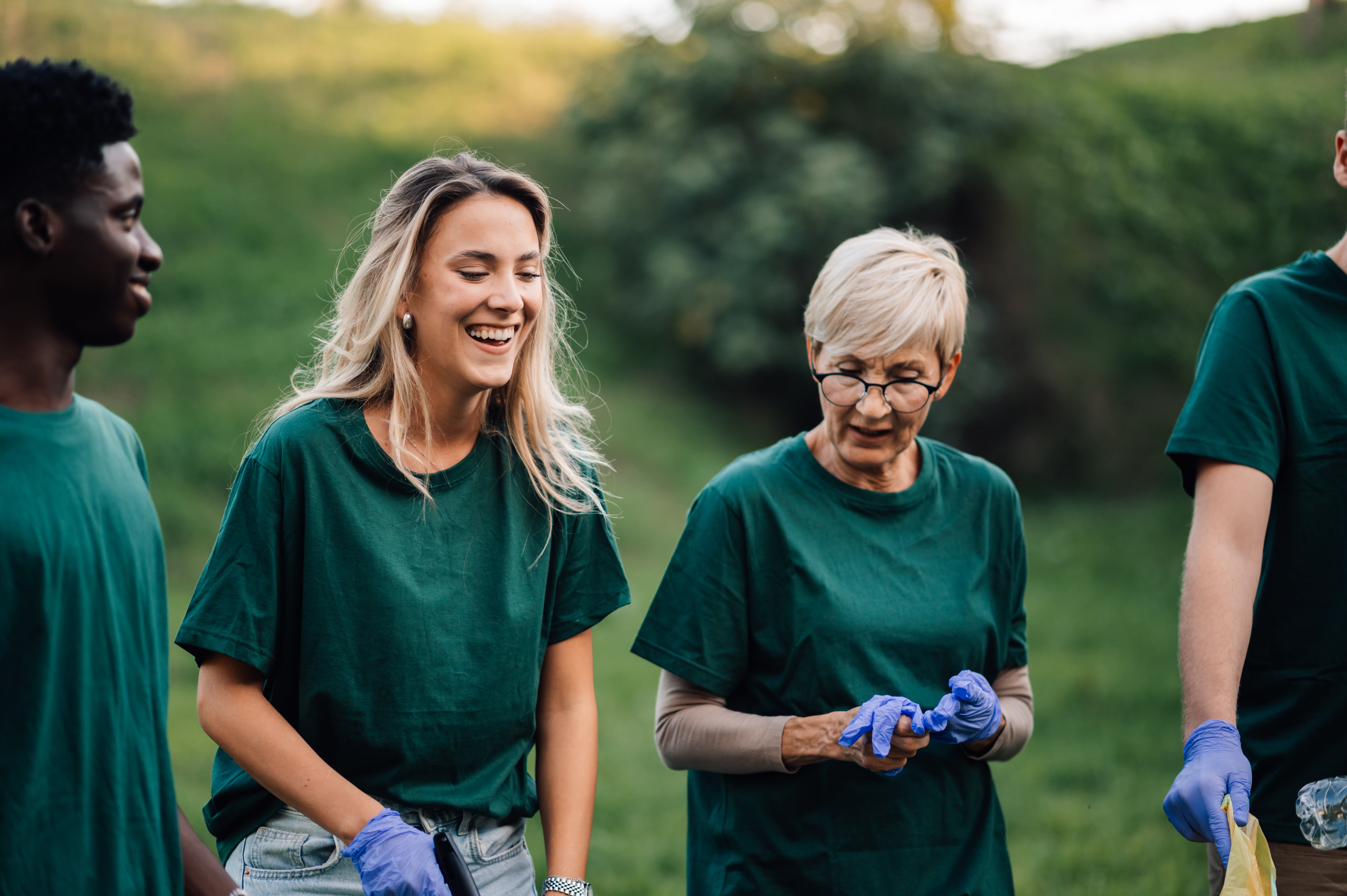 Volunteers walking and talking together